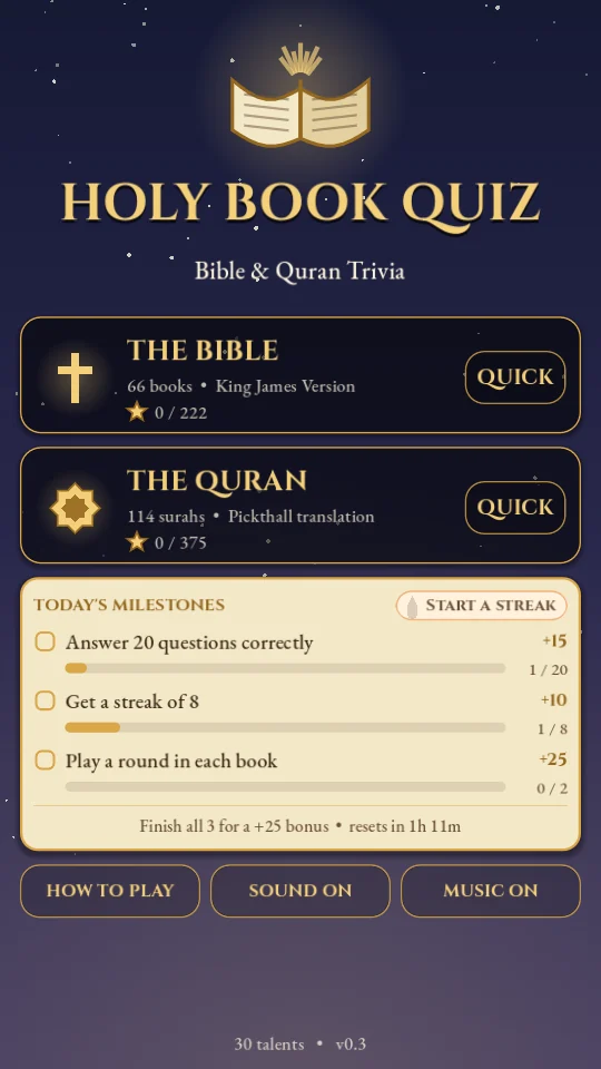 The Holy Book Quiz home screen with cards for the Bible and the Quran