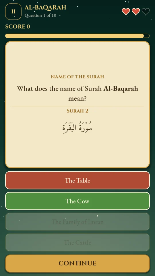 A Quran question about the meaning of Surah Al-Baqarah, with the surah name shown in Arabic